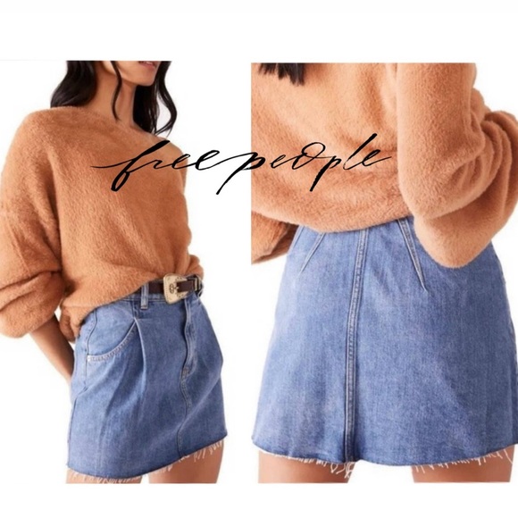 FREE PEOPLE We The Free Denim Pleated Raw Hem Cosmic Flirt Mini Skirt Sz. 27 - Picture 1 of 16